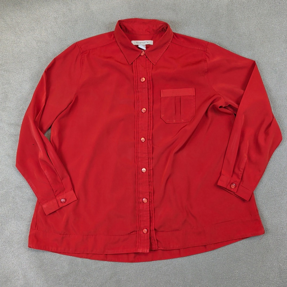 Roaman's Blouse Women 16W Red Pleated Button Down Long Sleeve Career Top Pocket